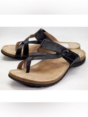 Taos Perfect Womens US 10 Black Leather Slides Sandals Toe Loop Adjustable Strap